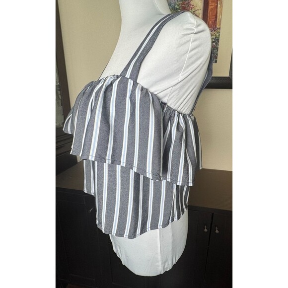 Express Crop Crop Top Sz XS Stripe Gray Blue White Flounce Back Zipper - Picture 2 of 9